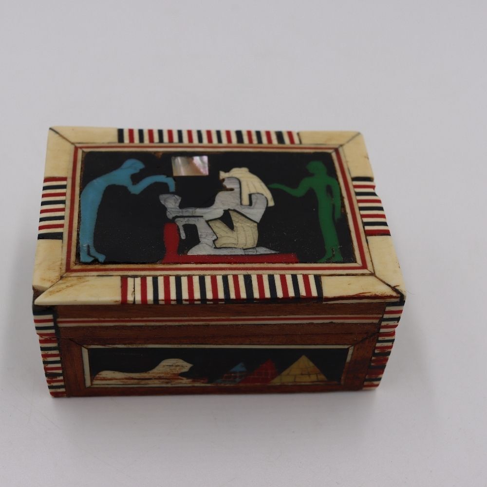 Vintage 1980s Egyptian Souvenir Trinket Box Small Wood Inlay Mother of Pearl Red